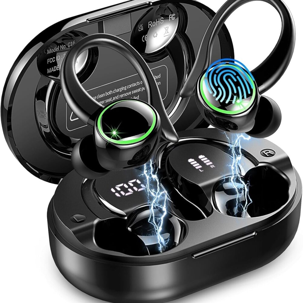 2026 Wireless Earbuds, Bluetooth 5.4 Headphones Sports, 50 Playback Over-Ear buds with 4 ENC Noise Cancelling Mics Deep Bass Fitness Earphones Gym Running Workout, IP7 Headset with Earhook LED Display