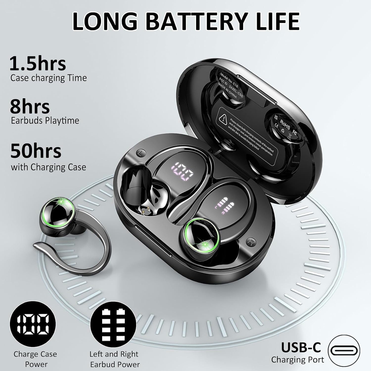 2026 Wireless Earbuds, Bluetooth 5.4 Headphones Sports, 50 Playback Over-Ear buds with 4 ENC Noise Cancelling Mics Deep Bass Fitness Earphones Gym Running Workout, IP7 Headset with Earhook LED Display - Image 3