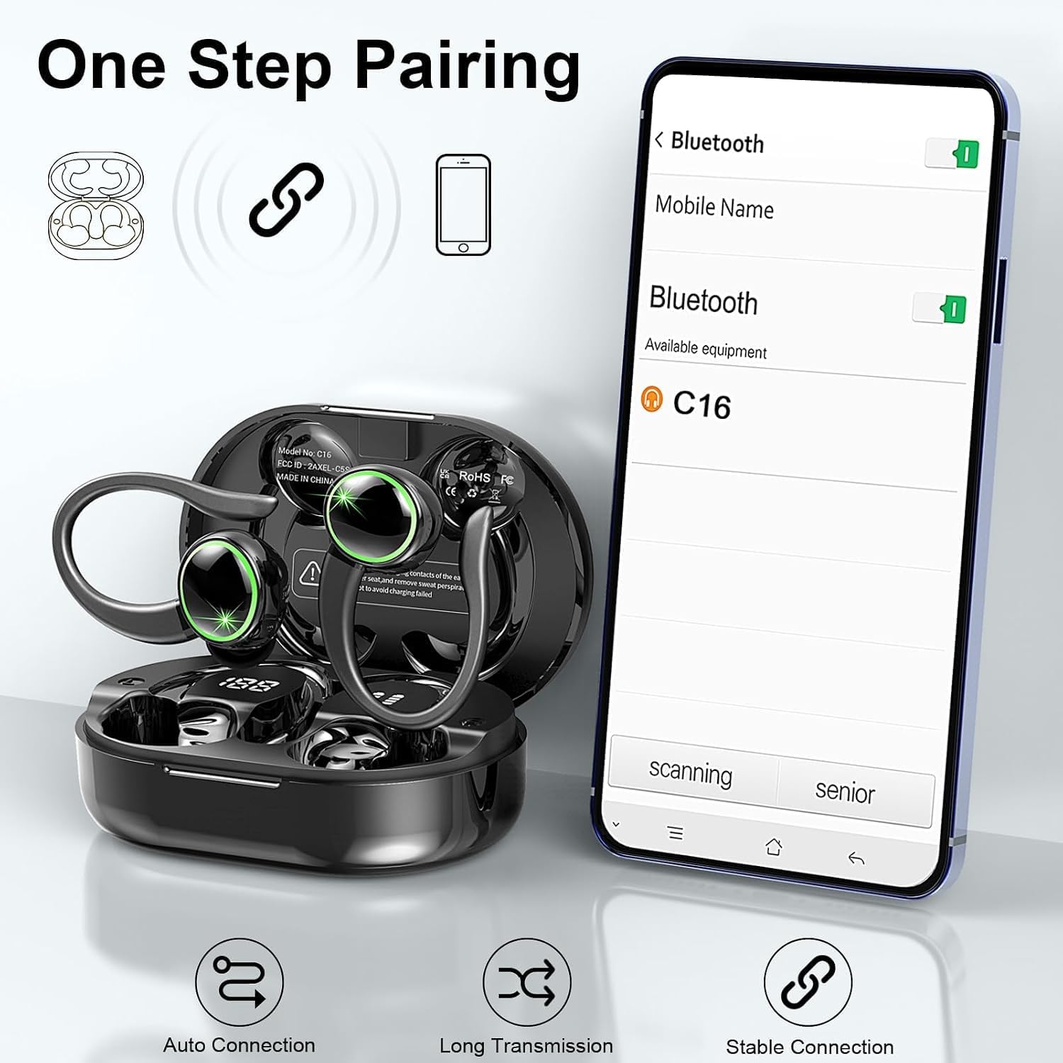 2026 Wireless Earbuds, Bluetooth 5.4 Headphones Sports, 50 Playback Over-Ear buds with 4 ENC Noise Cancelling Mics Deep Bass Fitness Earphones Gym Running Workout, IP7 Headset with Earhook LED Display - Image 4